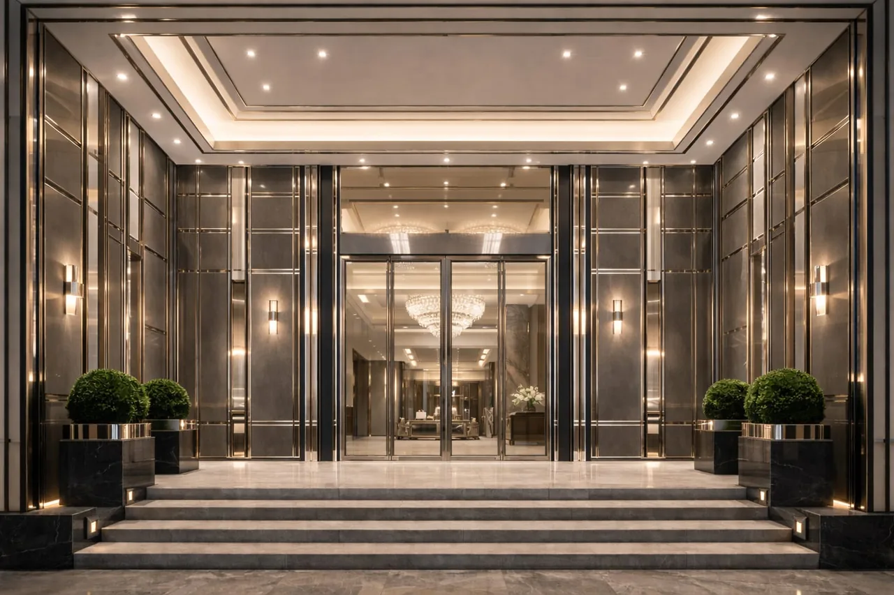 A luxury hotel entrance featuring vertical metal profile detailing